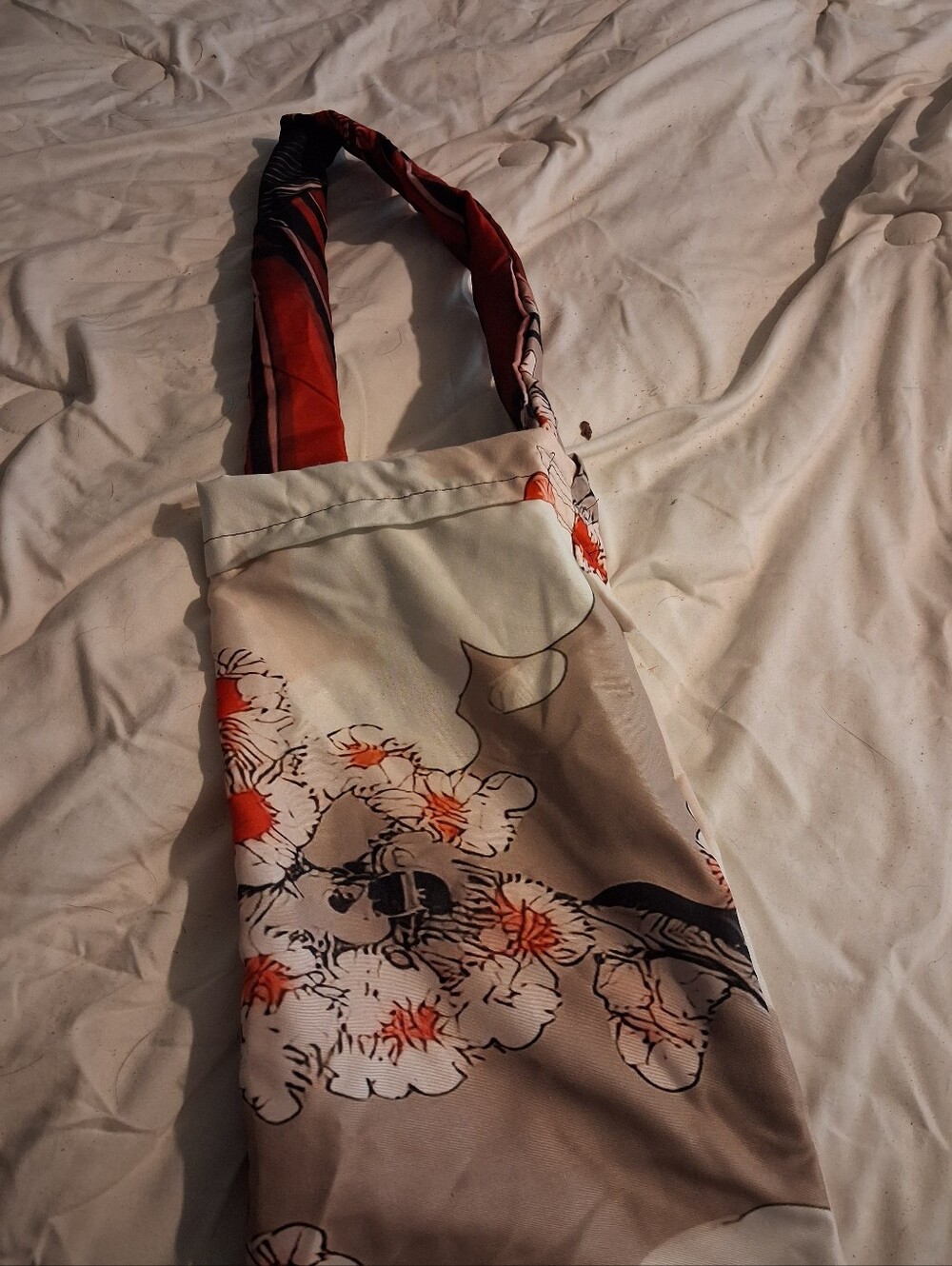 Hand Sewn Floral Print Shoulder Tote Bag in Beige and Red